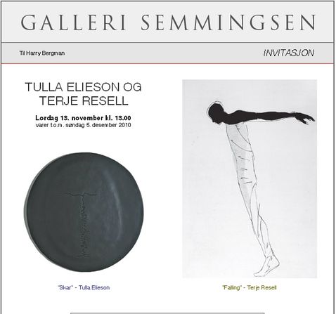 Post image for Terje Resell og Tulla Elieson åpner utstilling hos Galleri Semmingsen Oslo lörd 13